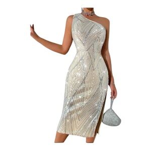 Luxe one shoulder party formal evening dress champagne, Holiday Party, NYE XL